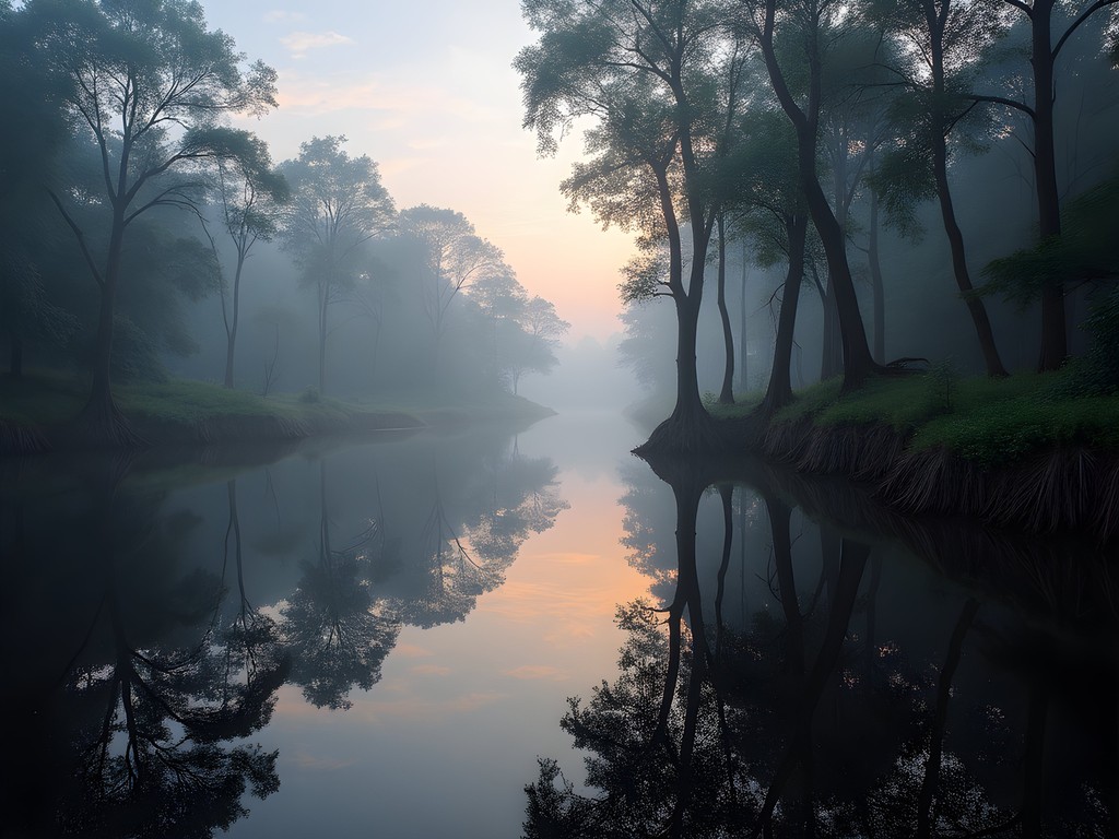 Perfect reflections of rainforest trees in black water lagoon of Pacaya-Samiria Reserve