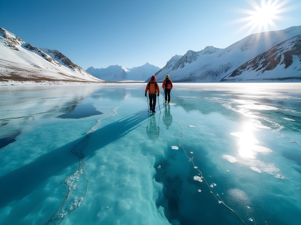 Group trekking on transparent ice of Lake Baikal