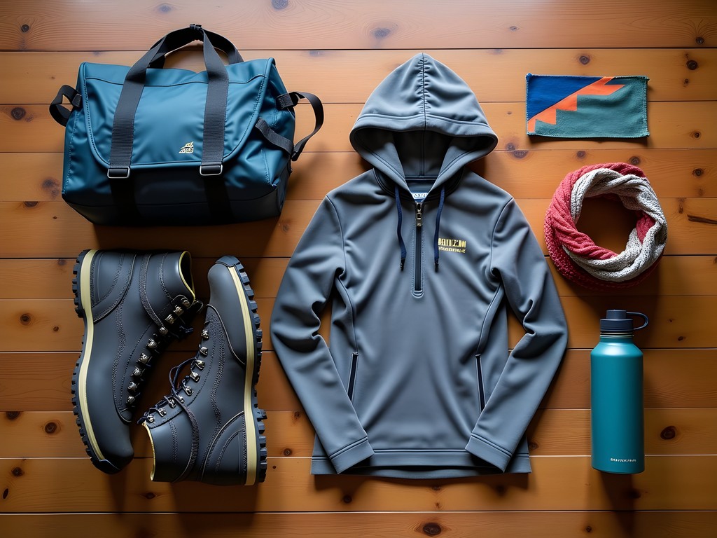 Trekking gear laid out for Bumthang Valley hike including hiking boots and layers
