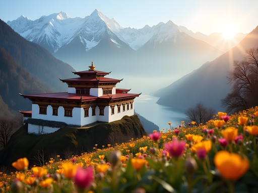 Morning light on Kurjey Lhakhang monastery complex with prayer flags
