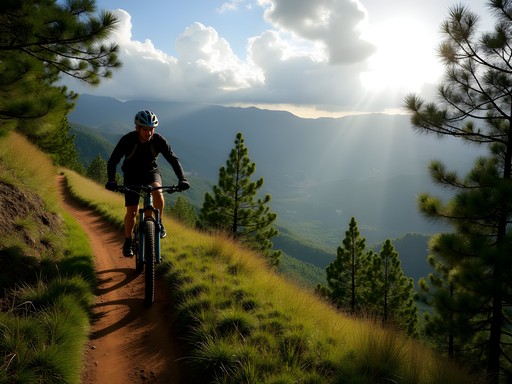 Mountain biker on scenic trail overlooking Jarabacoa valley and mountains