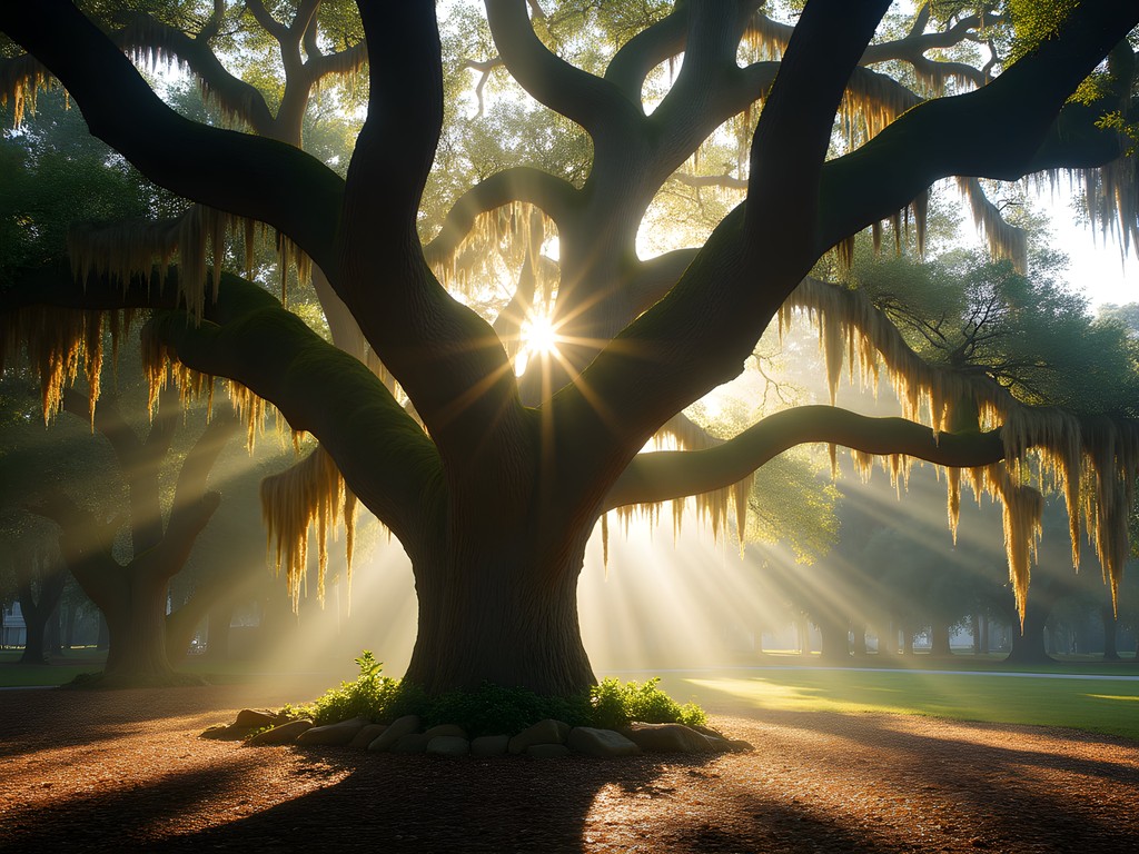 Sunlight filtering through massive branches of Angel Oak tree on Johns Island