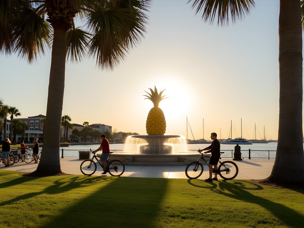 Cyclists resting at Charleston Waterfront Park with Pineapple Fountain