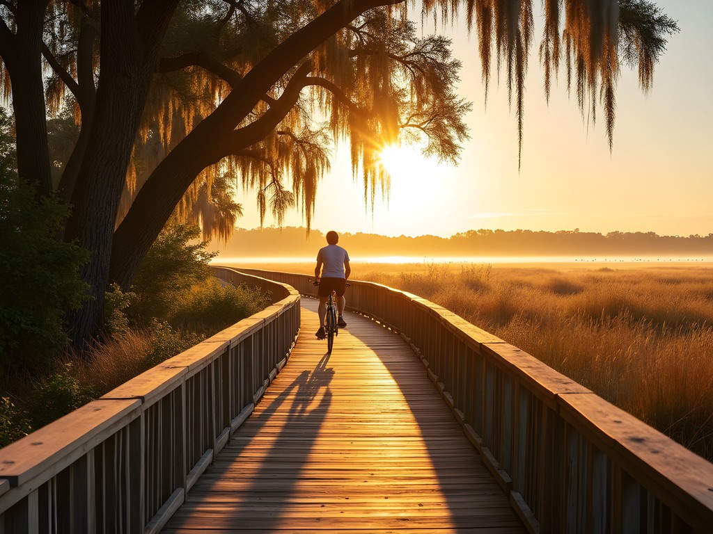 Cyclist on wooden boardwalk crossing Kiawah Island salt marsh at golden hour