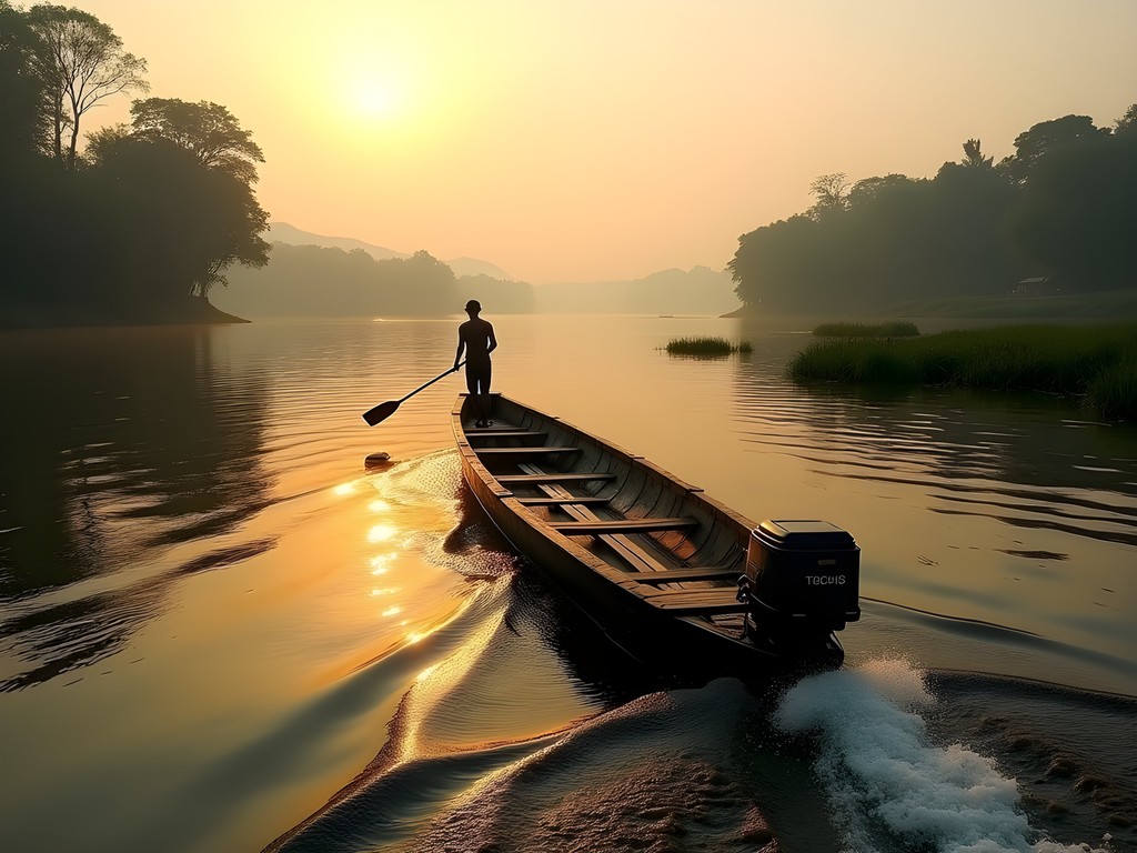 Traditional pirogue boat navigating between lush islands on the Congo River
