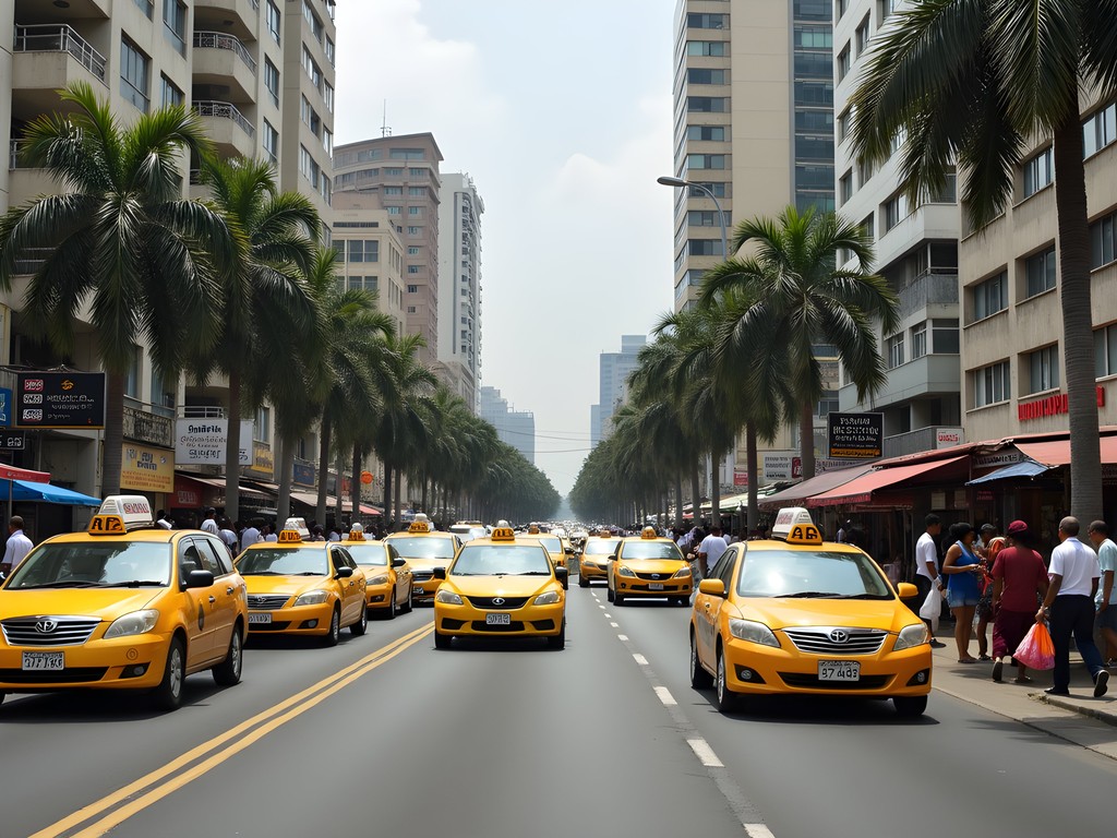 Bustling Boulevard du 30 Juin in Kinshasa with yellow taxis and pedestrians