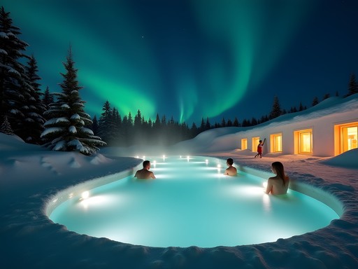 Outdoor heated spa pool with northern lights overhead at Camp Ripan Kiruna