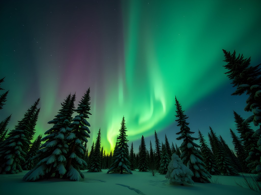 Northern lights dancing over silhouetted pine forest near Kiruna