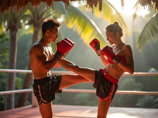 Couple practicing Muay Thai techniques at traditional training camp in Koh Samui
