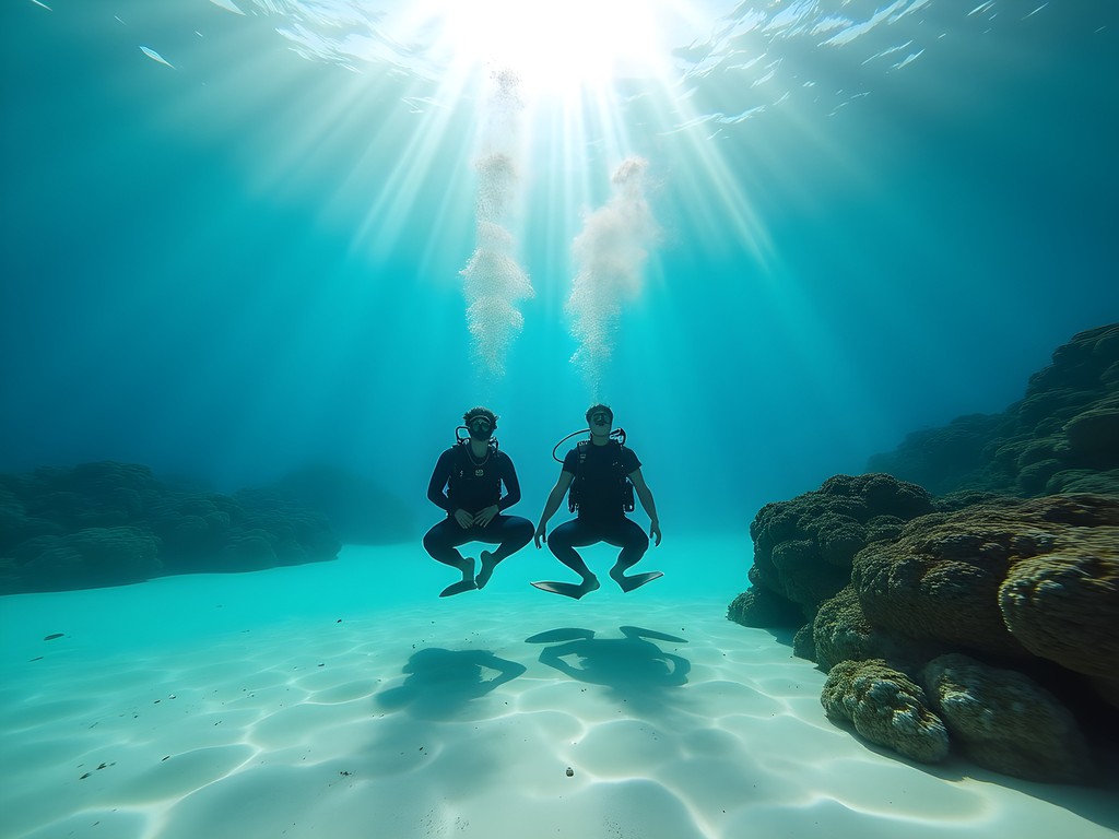 Couple practicing underwater meditation while scuba diving in clear waters off Koh Samui