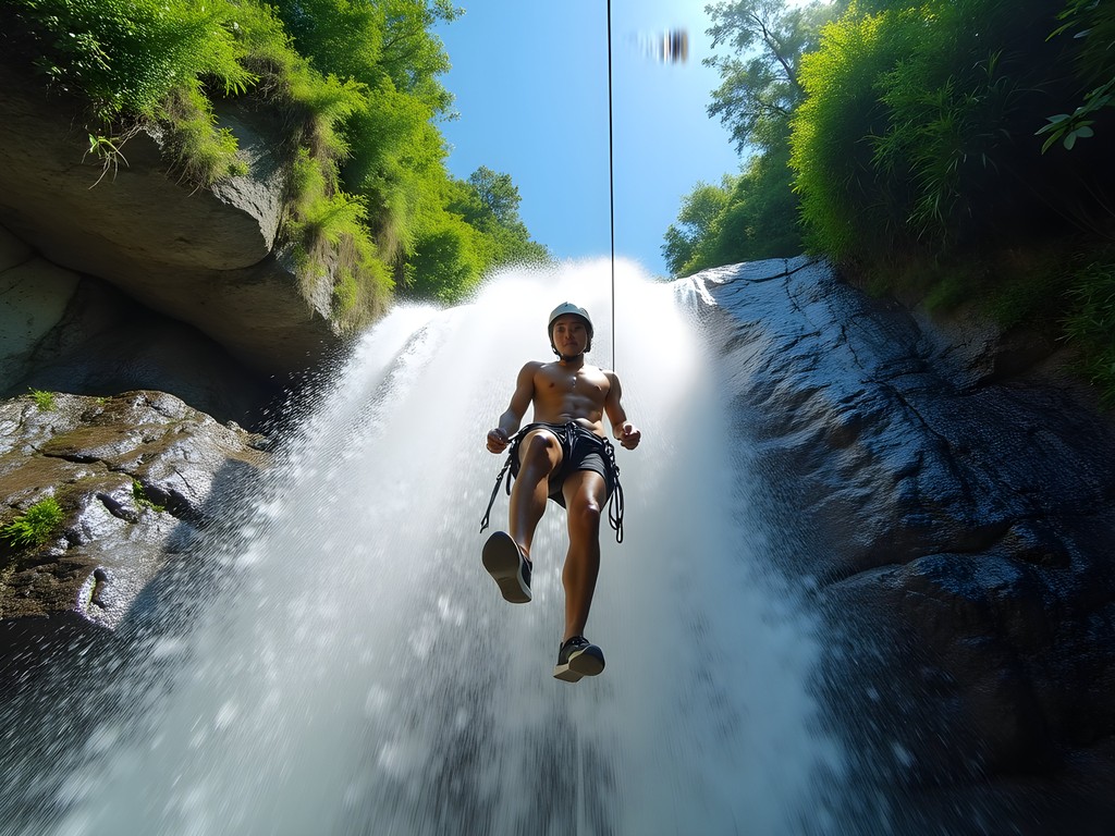 Person abseiling down Na Muang waterfall in Koh Samui with jungle surroundings