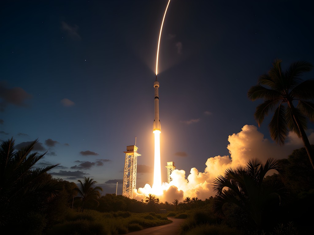 Ariane 5 rocket launching from Kourou spaceport at night