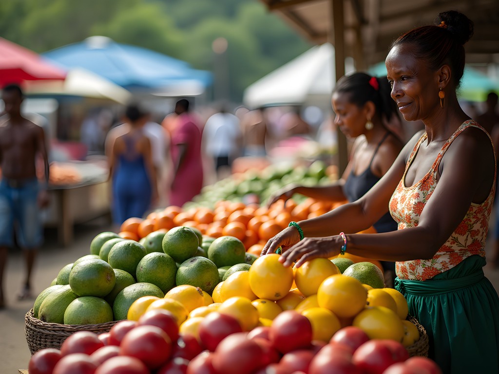 Vibrant market scene in Kourou with Creole and Hmong vendors selling tropical produce