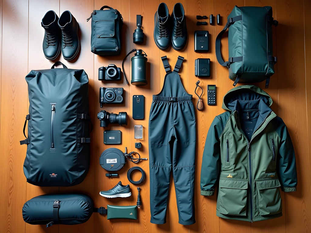 Travel expert preparing specialized gear for a rainforest expedition in French Guiana