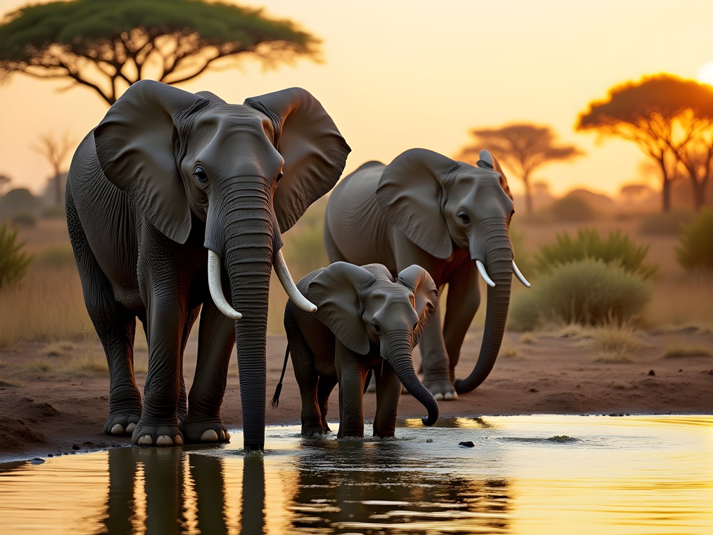 Elephant family teaching calf at Kruger waterhole