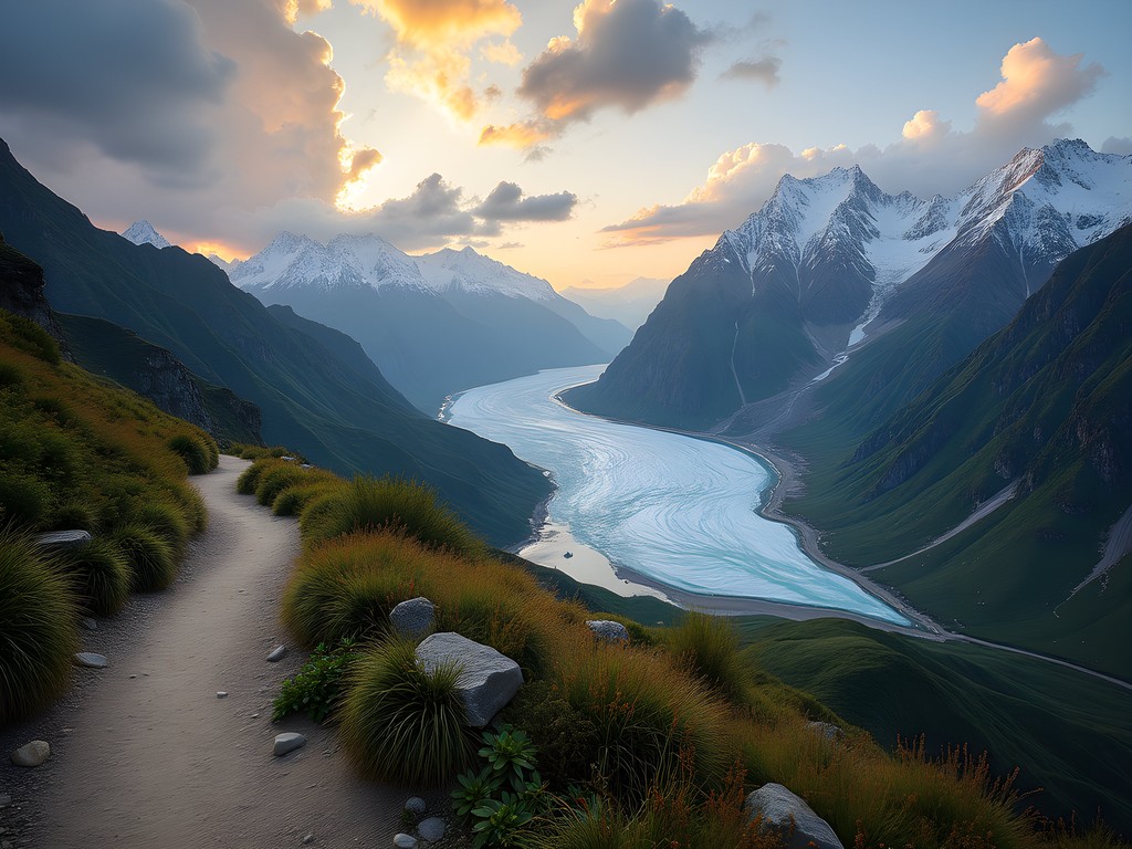 Hiker on trail with panoramic view of Jade Dragon Snow Mountain and Blue Moon Valley below