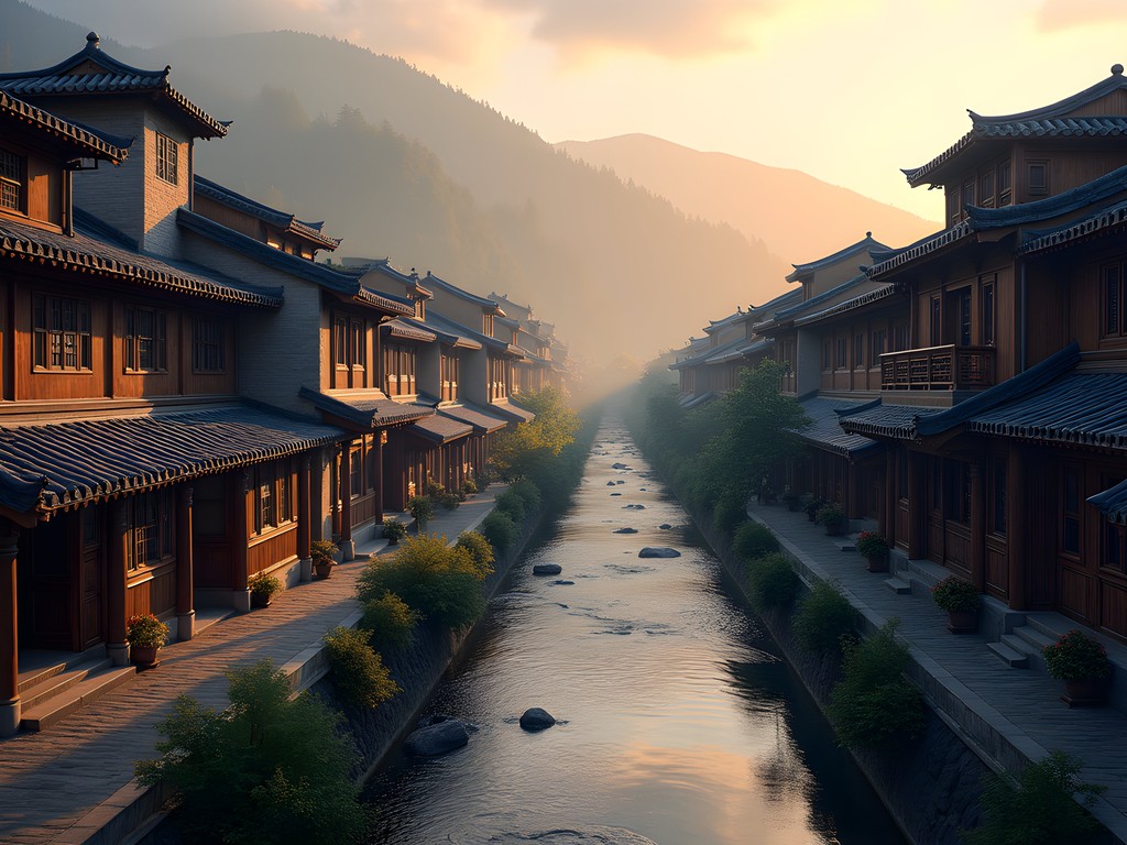 Ancient wooden buildings and canals of Lijiang Old Town at sunrise with misty mountains in background