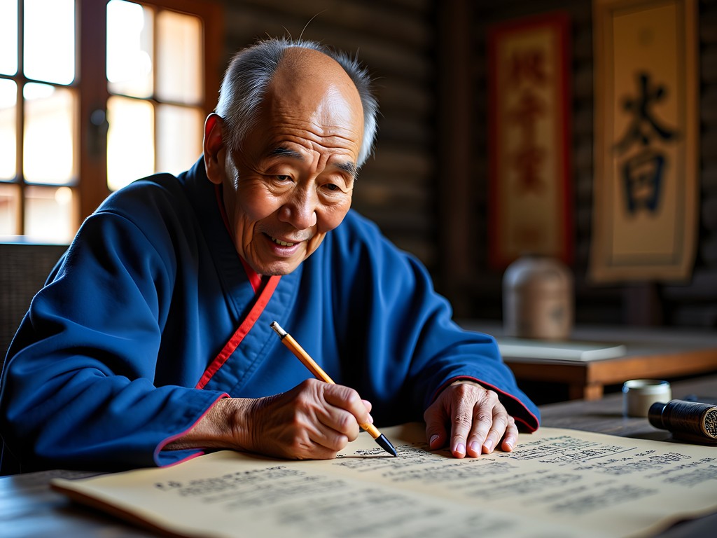 Traditional Naxi Dongba priest demonstrating ancient pictographic writing with scrolls and ink