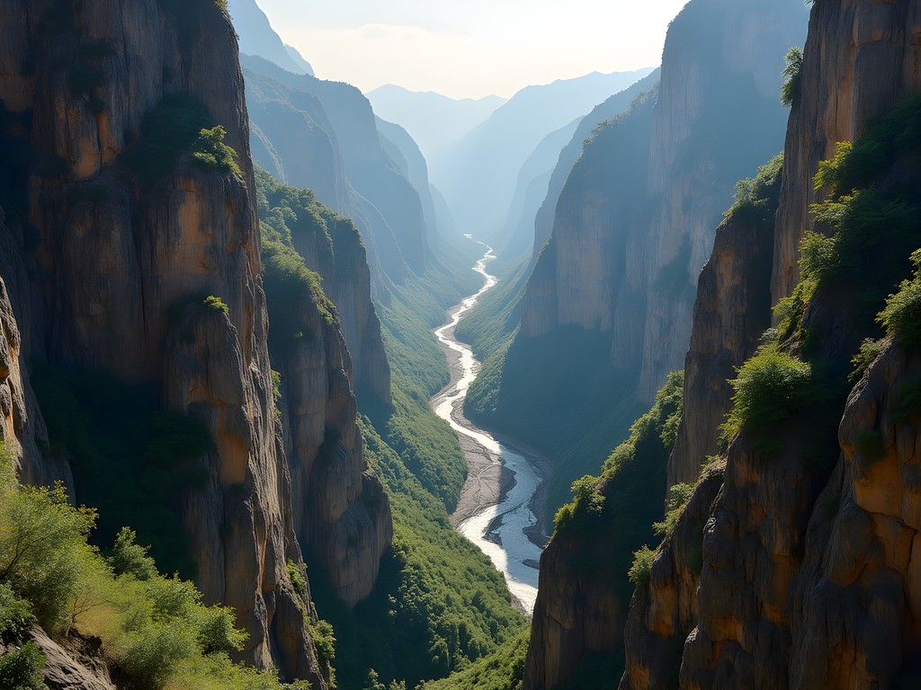 Dramatic view of Tiger Leaping Gorge hiking trail with massive canyon walls and river below