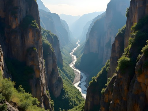 Dramatic view of Tiger Leaping Gorge hiking trail with massive canyon walls and river below