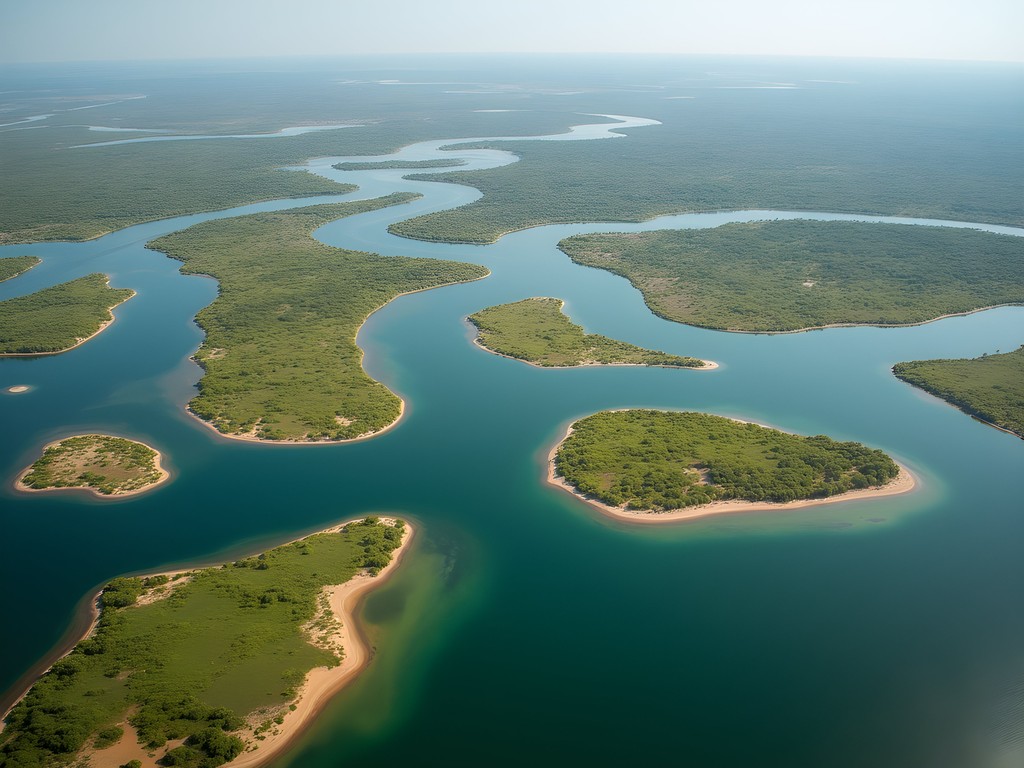 Aerial view of the Okavango Delta showing distinctive water channels and islands