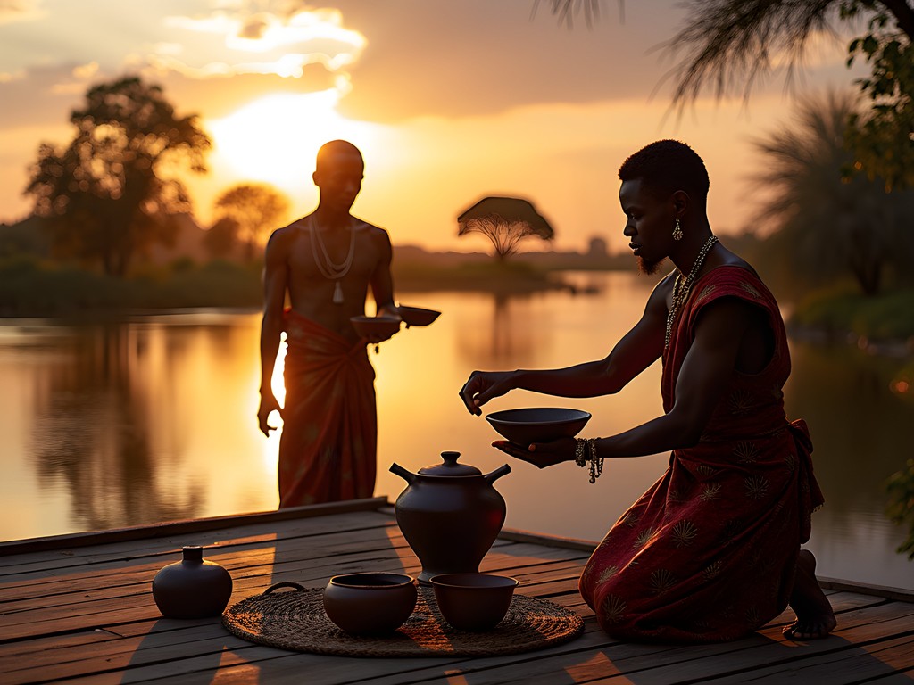 Traditional tea ceremony with local guides during Okavango Delta sunset