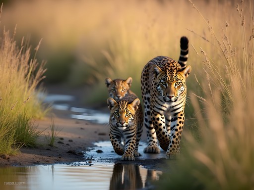 Leopard with cubs hunting in the Okavango Delta wetlands