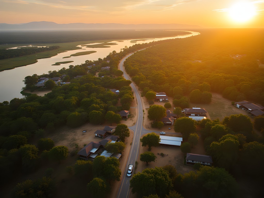 Aerial view of Maun and the beginning of the Okavango Delta waterways