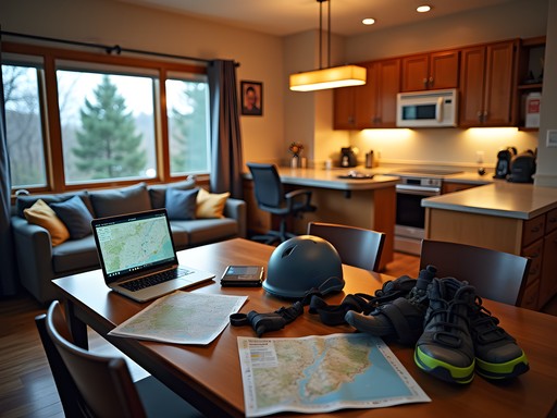 Comfortable extended stay accommodations with adventure gear organized and maps spread across table