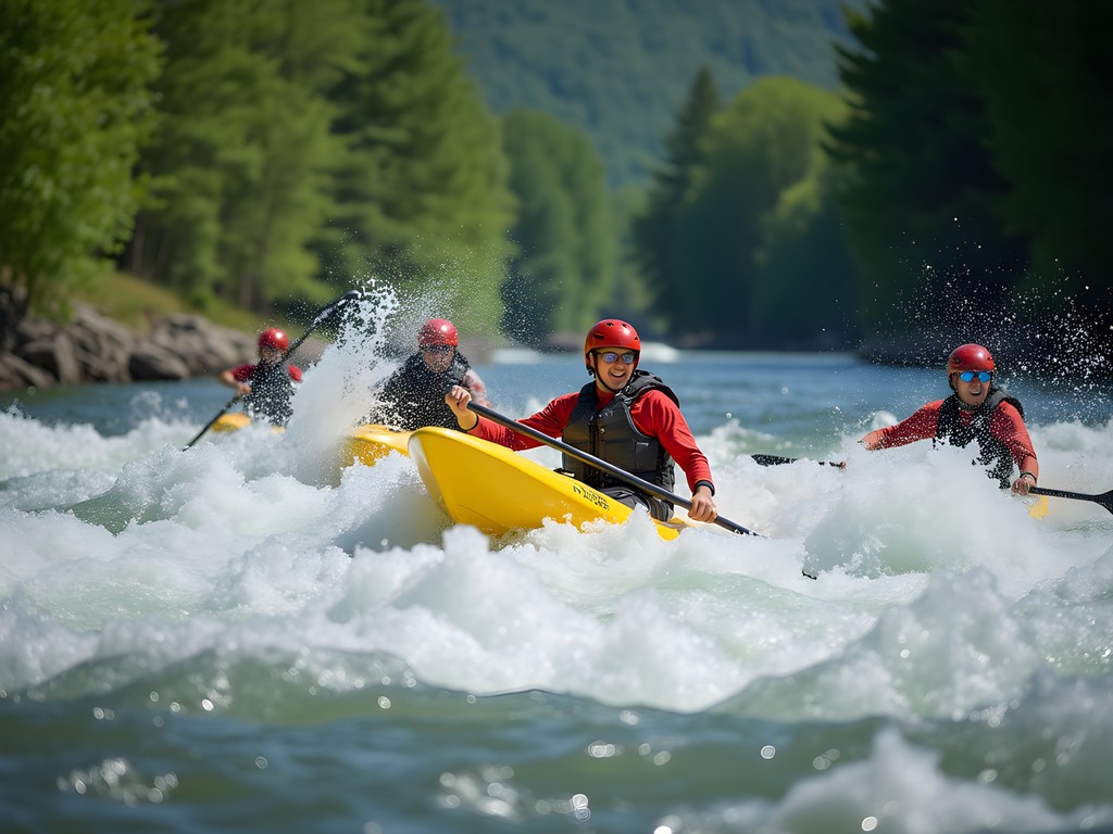 Whitewater rapids on the Merrimack River with kayakers navigating through churning water