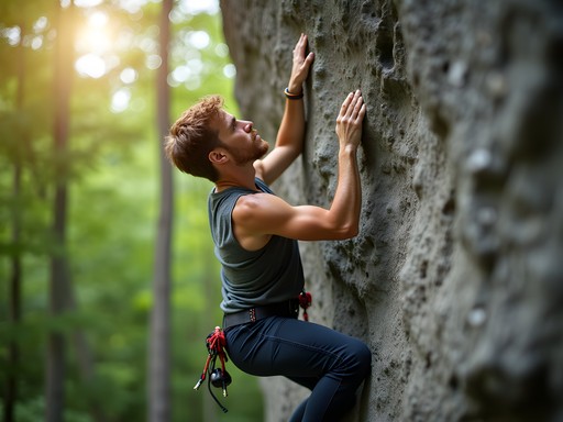 Rock climber scaling a large granite boulder at Pawtuckaway State Park near Merrimack