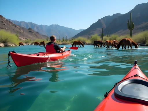 Kayaking on Salt River with wild horses drinking at shoreline