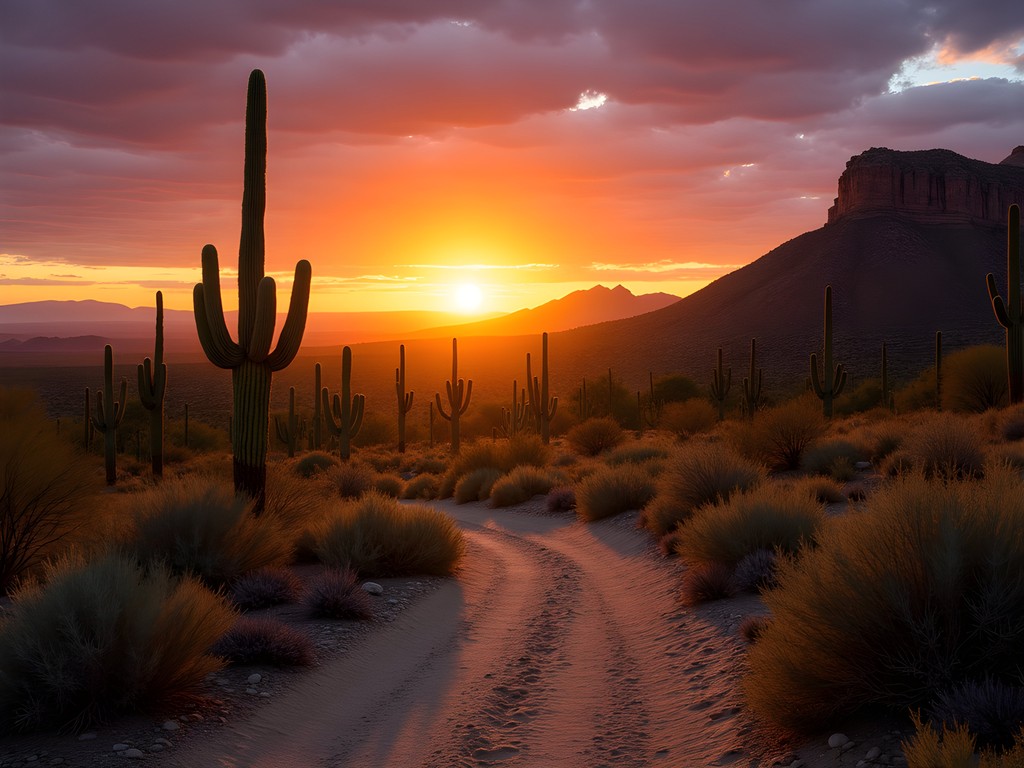 Sunrise illuminating the Peralta Trail in Superstition Mountains with saguaro cacti