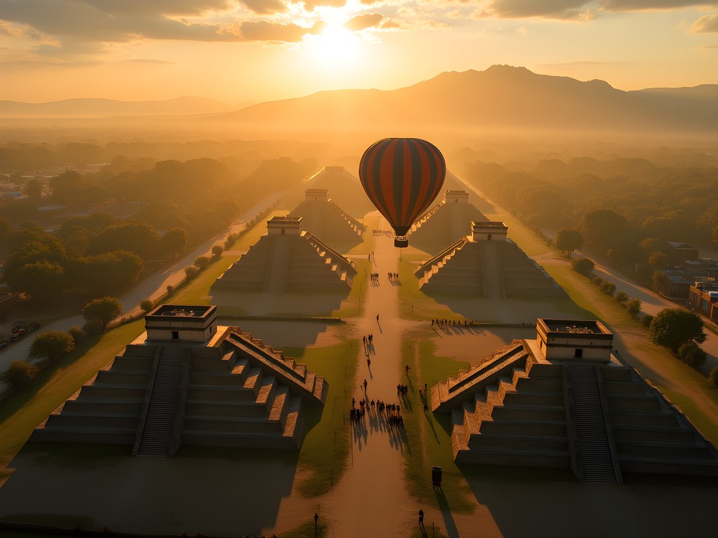 Aerial view of Teotihuacan pyramids and Avenue of the Dead from hot air balloon