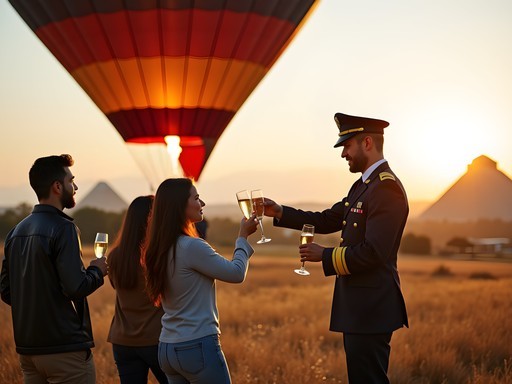 Traditional champagne toast celebration after hot air balloon landing near Teotihuacan
