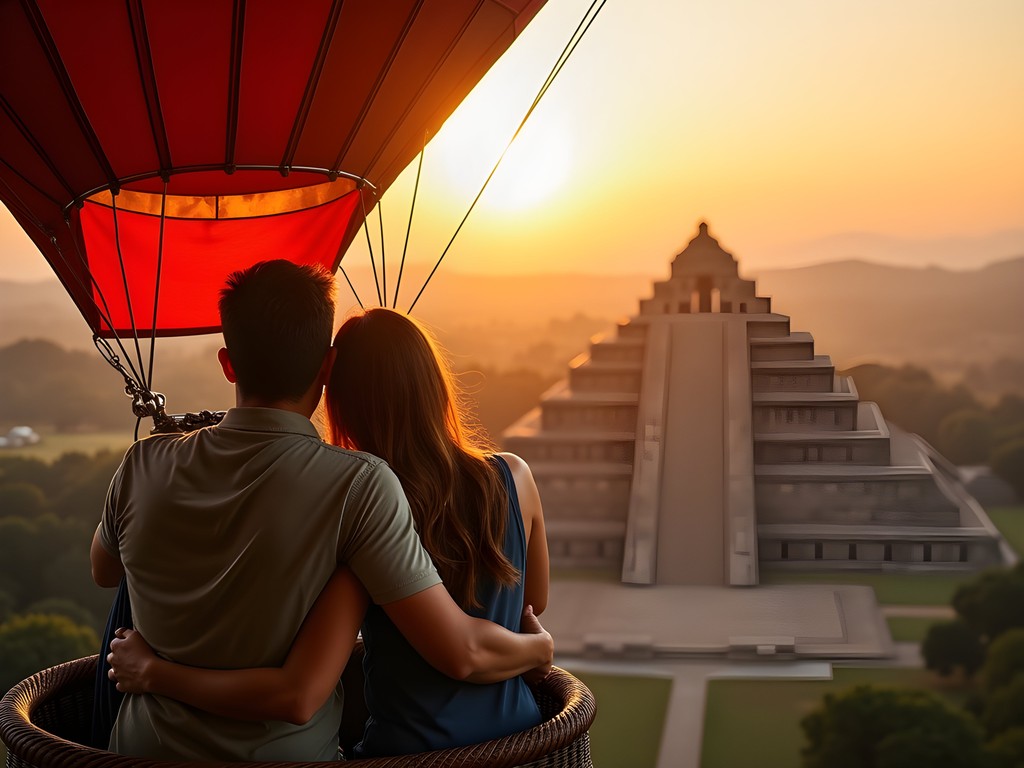 Couple embracing in hot air balloon basket at sunrise over Teotihuacan