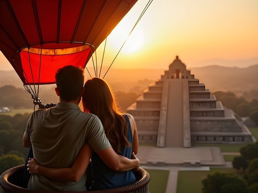 Couple embracing in hot air balloon basket at sunrise over Teotihuacan