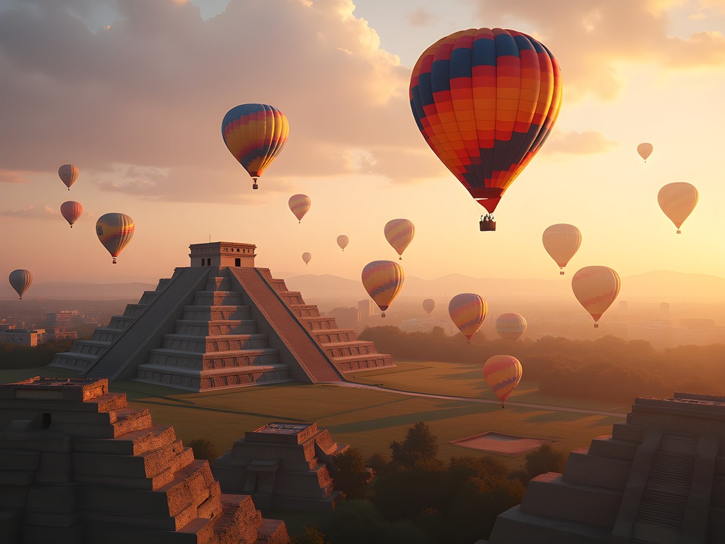 Colorful hot air balloons floating above Teotihuacan pyramids at sunrise