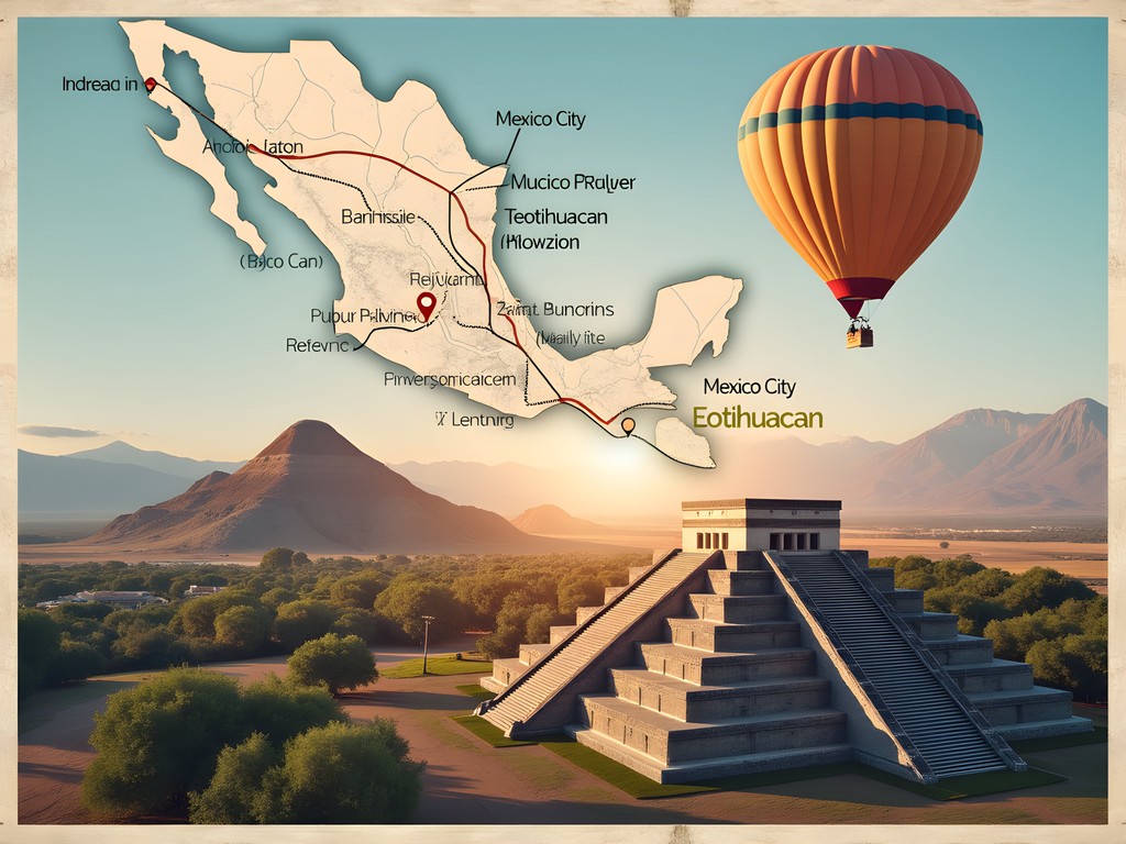 Map showing route from Mexico City to Teotihuacan with key landmarks