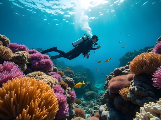 Scuba diver exploring vibrant coral reef formations in Mombasa Marine National Park