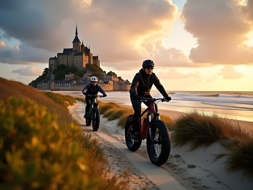 Fat biking on coastal trail with Mont-Saint-Michel visible in distance
