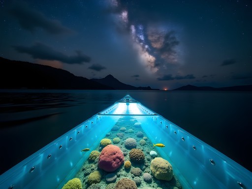 Night transparent kayaking over illuminated coral reef in Moorea