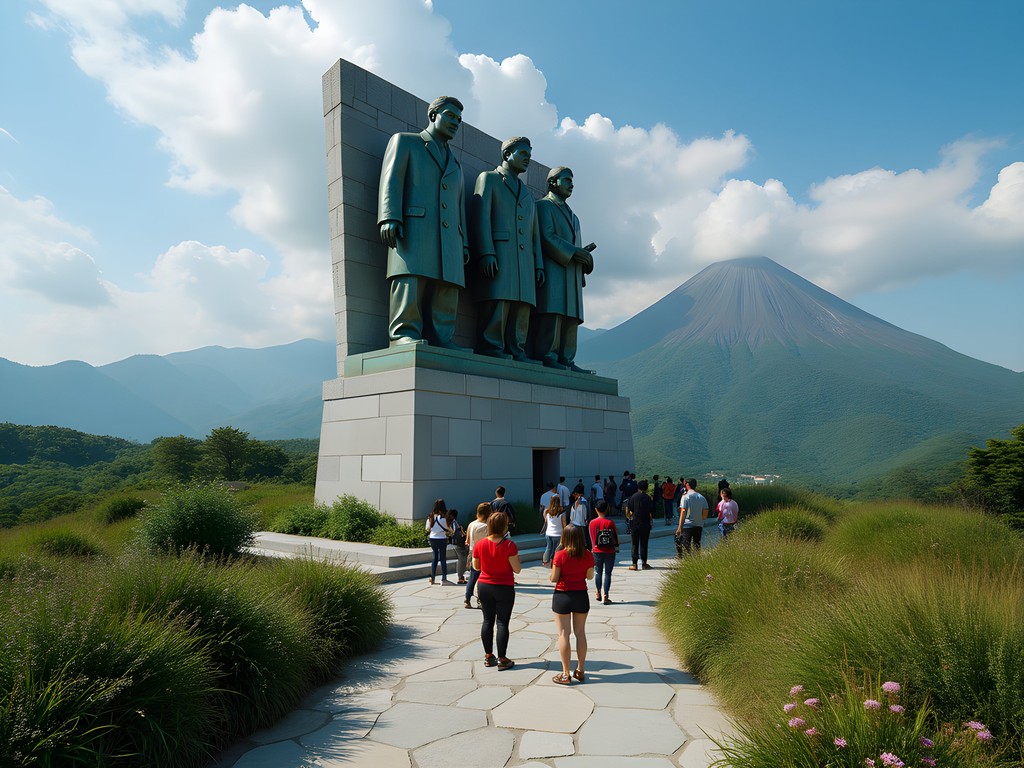 Revolutionary monument on Mount Paektu with visitors