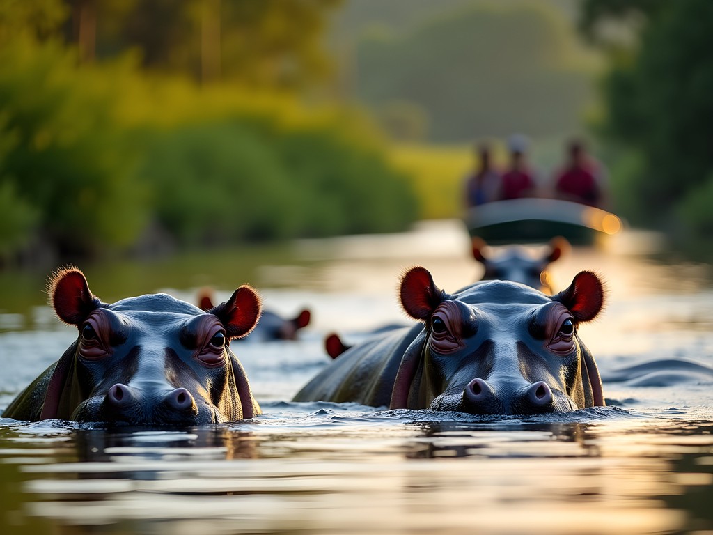 Pod of hippos in the Nile River near Murchison Falls with safari boat