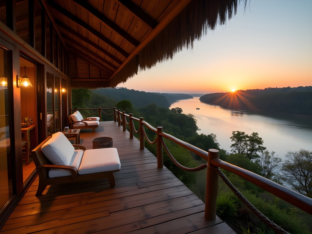 Eco-lodge overlooking the Nile River at sunset near Murchison Falls