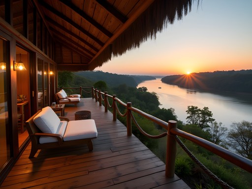 Eco-lodge overlooking the Nile River at sunset near Murchison Falls