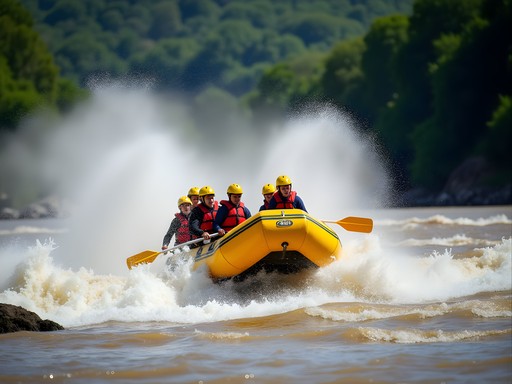 Raft navigating massive Class V rapids on White Nile near Murchison Falls