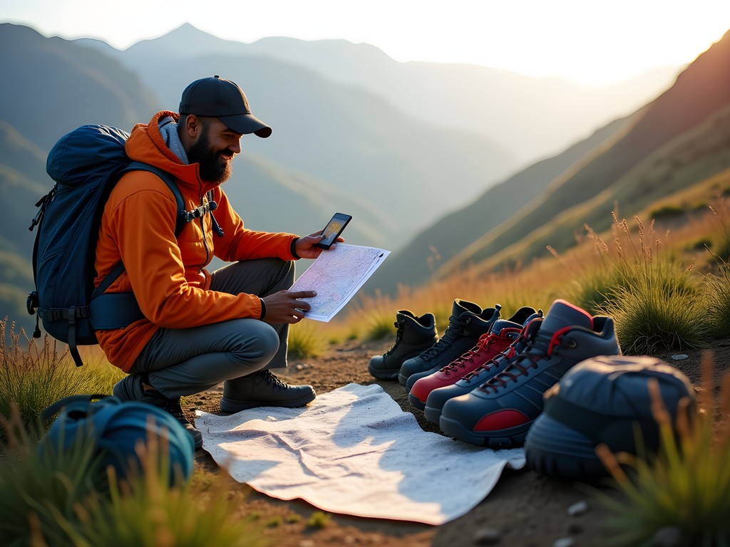 Hiker checking map and gear before setting out on Bvumba Mountains trail