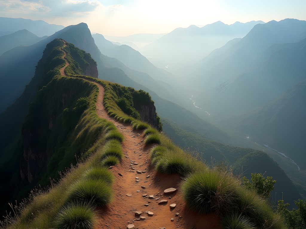 Hiker on Castle Beacon Summit Trail in the Bvumba Mountains with expansive valley views