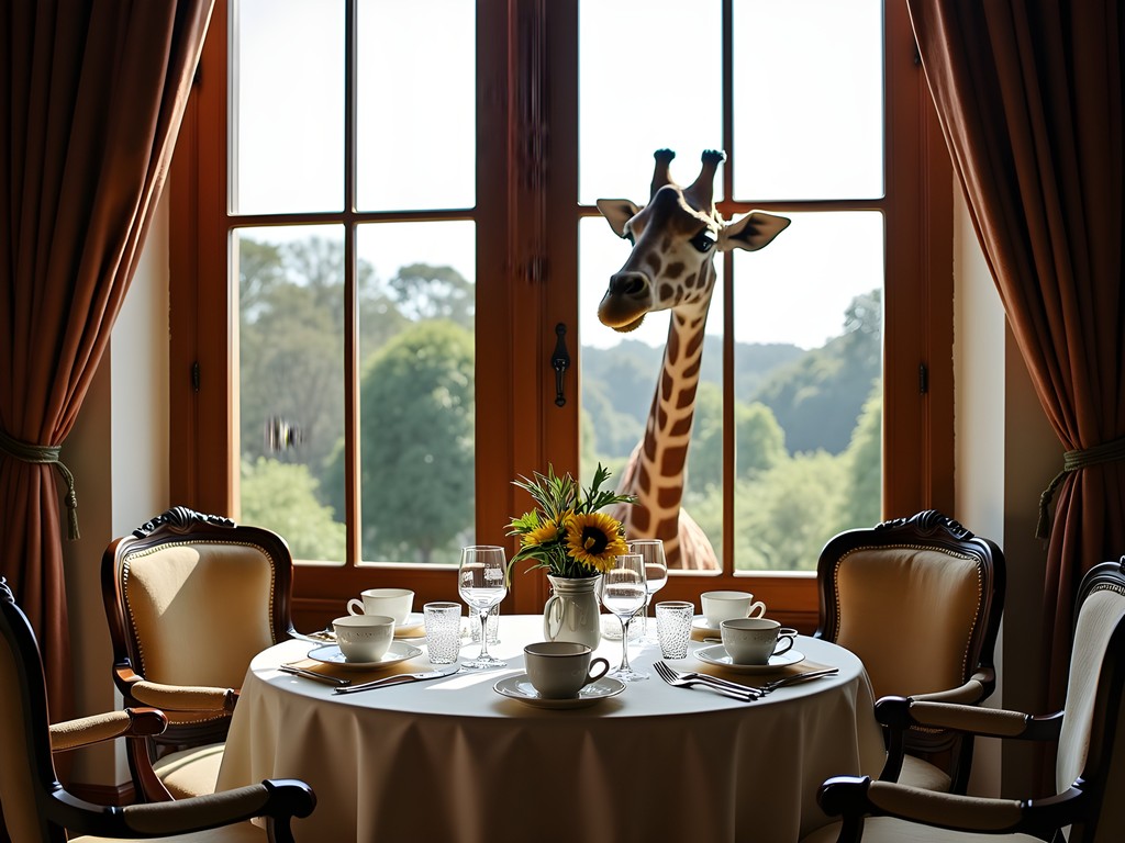 Author enjoying breakfast with giraffes at Giraffe Manor in Nairobi